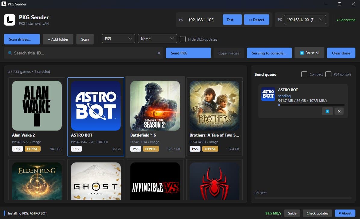 PKG Sender instala juegos de PS4 y PS5 por LAN desde el PC: sin USB, sin FTP y sin escribir IPs a mano